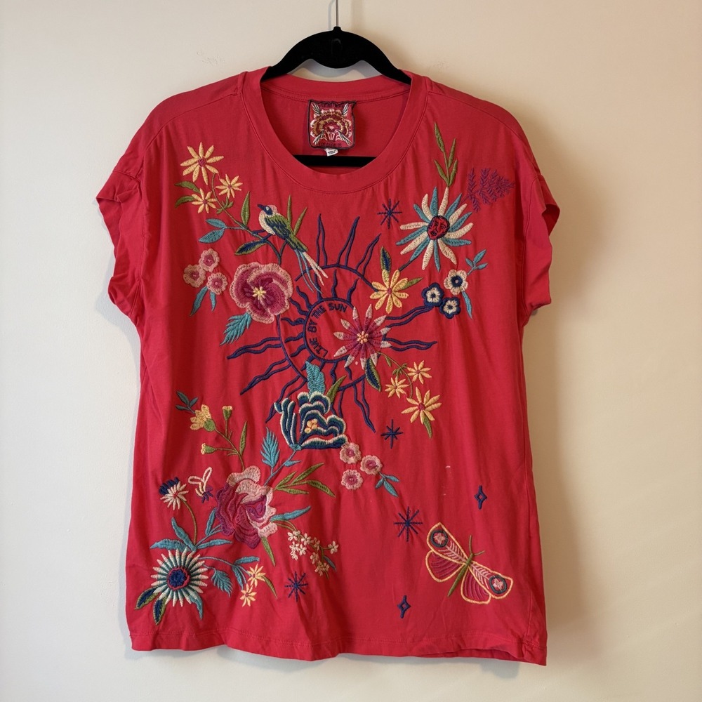 Johnny Was Embroidered Floral Shirt Pink S Live By the Sun Bird Butterfly READ
